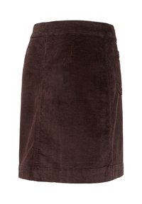 Jupe en velours côtelé marron à coupe droite avec une poche latérale, conçue pour un usage décontracté ou semi-formel.