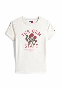 camiseta de algodón gris claro con mangas cortas que presenta gráficos de rosas rojas y texto: "EL ESTADO DE LAS GEMAS" y "TRADICIÓN AL AIRE LIBRE DESDE 1985."