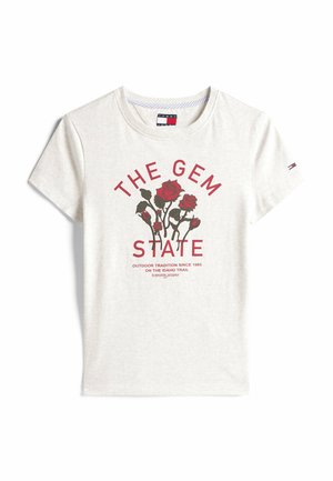 Lysegrå bomulds t-shirt med korte ærmer, der har røde rosedesigns og teksten: "THE GEM STATE" og "OUTDOOR TRADITION SINCE 1985."