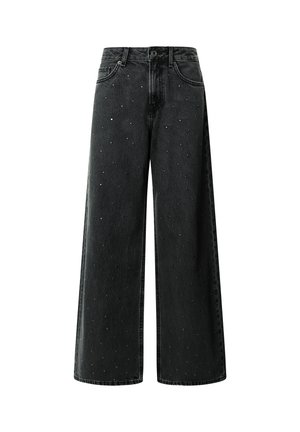 Black wide-leg jeans made of denim, featuring scattered metallic studs, a button front, and traditional pocket design.