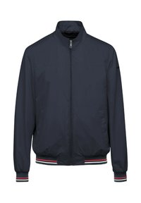 Chaqueta bomber azul marino hecha de tejido ligero, con cremallera frontal, puños de canalé y cinturilla a rayas.