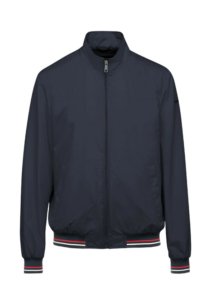 Chaqueta bomber azul marino hecha de tejido ligero, con cremallera frontal, puños de canalé y cinturilla a rayas.