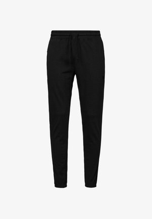 Schwarze Jogginghosen aus weichem Stoff, mit elastischem Bund und verstellbaren Kordeln sowie schmal zulaufenden Beinen. Keine auffälligen Muster.