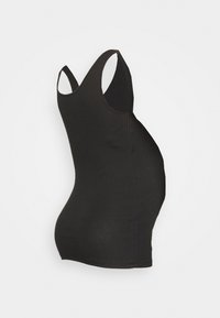 Schwarzes geripptes Tanktop mit passgenauer Passform, Racerback-Ausschnitt und glatter Textur, das eine figurbetonte Silhouette präsentiert.