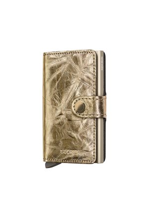 Gold metallic wallet with a textured finish, snap closure, and SECRID branding. Features cardholder slot and secure aluminum compartment.