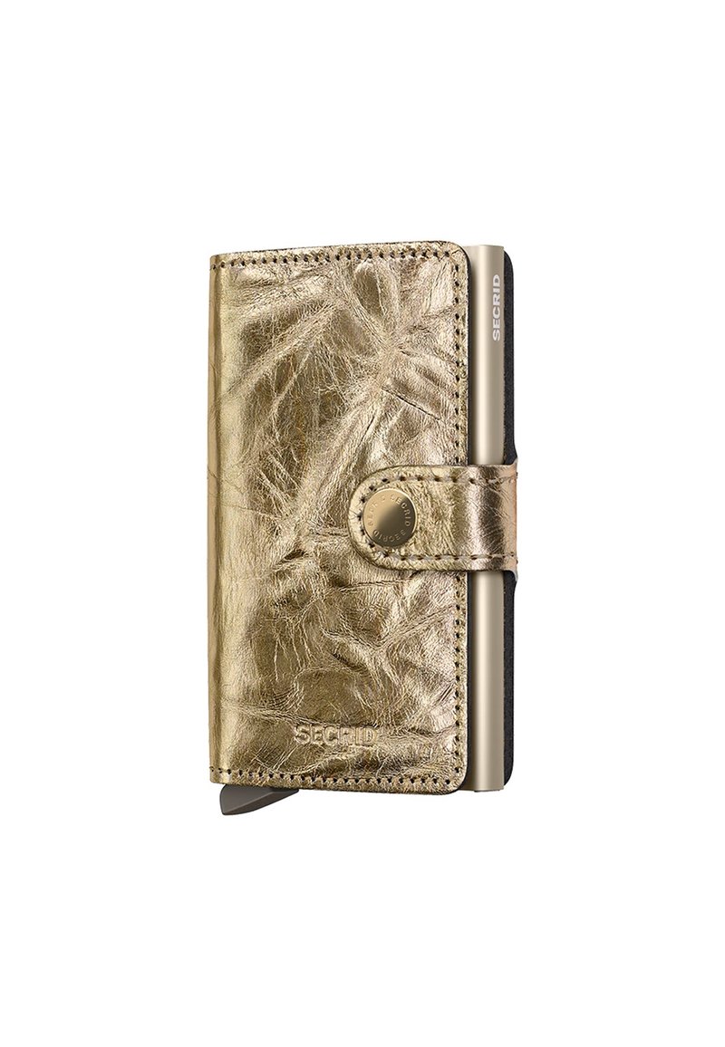 Gold metallic wallet with a textured finish, snap closure, and SECRID branding. Features cardholder slot and secure aluminum compartment.