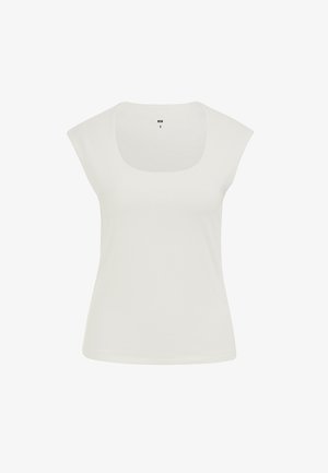 Balta īsā piedurkņu krekla ar noapaļotu kakla izgriezumu, gludu tekstūru un piegulošu siluetu. Izgatavota no viegla, elpojoša auduma.