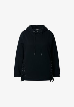 Černá mikina s dlouhým rukávem a šňůrkami, s šněrovacími detaily po obou stranách blízko spodního okraje, volný střih.