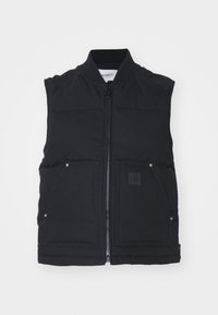 Černá prošívaná vesta s předním zipem, dvěma bočními kapsami se zacvakávacími uzávěry a žebrovaným límcem. Hladká tkanina s prošívanou texturou.
