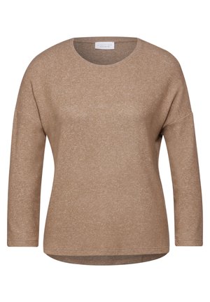 Hnědá tunika s dlouhými rukávy a kulatým výstřihem, vyrobená z měkké, strukturované látky a s uvolněným střihem. Není na ní žádný vzor ani akcenty.
