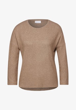 Hnědá tunika s dlouhými rukávy a kulatým výstřihem, vyrobená z měkké, strukturované látky a s uvolněným střihem. Není na ní žádný vzor ani akcenty.