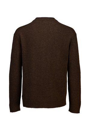 Pull en tricot marron avec un col rond, des poignets et un ourlet côtelés, et un design simple et épuré au dos.
