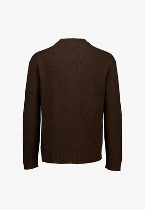 Jersey marrón de punto con cuello redondo, puños y dobladillo acanalados, y un diseño sencillo y sin adornos en la parte trasera.