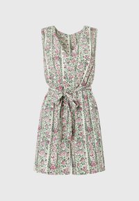 Květinový overal s zeleno-růžovým vzorem a vertikálními pruhy, s výstřihem do V a zavázaným pasem pro slim siluetu.