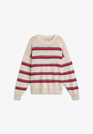 Jersey de punto beige con rayas horizontales rojas y azules, puños, dobladillo y cuello acanalados, mangas largas y cuello redondo.