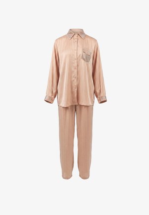 Camicia a righe rosa chiaro a maniche lunghe abbottonata con pantaloni abbinati, con colletto, polsini e pattina della tasca con motivo.