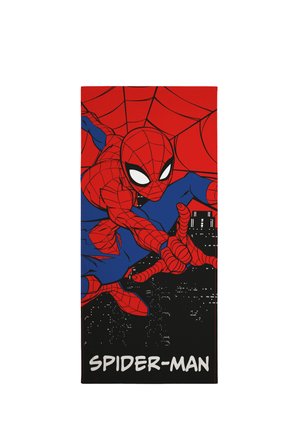 Spider-Man in red and blue suit shooting web, city skyline in black background, with spider web design and "SPIDER-MAN" text below.