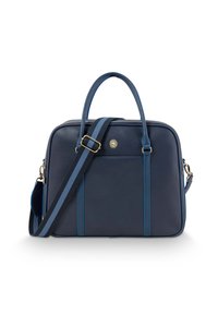 Navy leather bag with two top handles and a removable shoulder strap. Features light blue accents and a zip closure. Front pocket included.