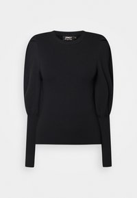 Suéter negro de punto con cuello redondo, mangas largas y detalle de hombros abullonados. Textura suave y diseño ajustado. Etiqueta de la marca visible.