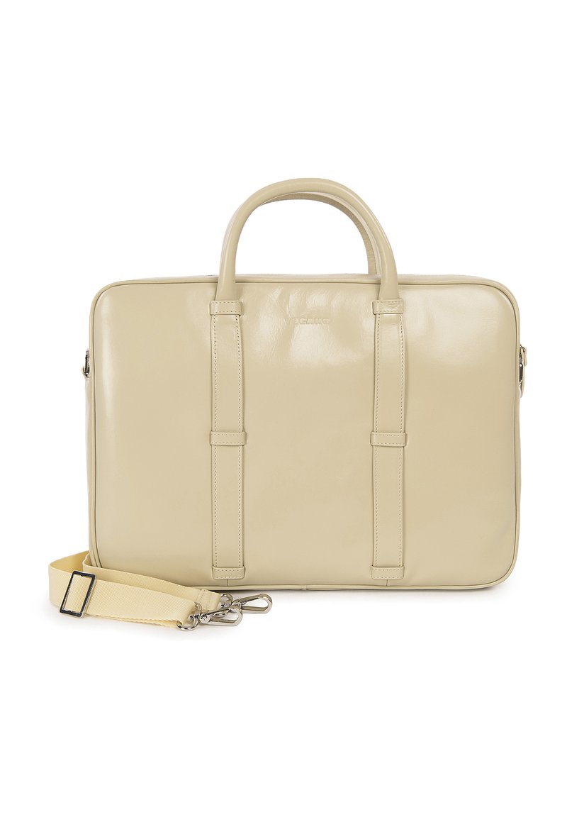 Borsa per laptop in pelle beige con finitura lucida, due manici superiori e una tracolla gialla staccabile. Presenta due cinturini verticali frontali.