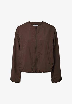Brūna viegla rāvējslēdzēja jaka ar apaļu apkakli, garām pūstām piedurknēm un sānu kabatām.