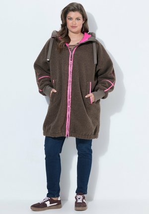 LAURASØN, NEON TRIM LONG PLUSH TEDDY FLEECE JACKET - Winter coat - dark taupe