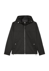 Czarna kurtka z kapturem, zapinana na zamek, z dwoma przednimi kieszeniami na zatrzaski oraz regulowanym kapturem. Gładki materiał o matowym wykończeniu.