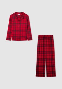 Set di pigiama a quadri rossi composto da una camicia a maniche lunghe con bottoni e pantaloni abbinati con vita elastica. Tessuto liscio, presenta motivi a scacchi neri.