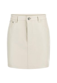 Bežinė odinė mini sijonas, su prigludusia forma, priekyje užsegamas mygtuku ir keturiomis kišenėmis. Lygus paviršius su matomomis siūlėmis.