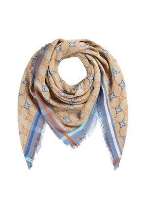 Écharpe triangulaire beige avec des motifs floraux bleus et oranges et des bords à franges, présentant des bordures rayées bleues, oranges et blanches.