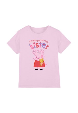 Rosa Baumwoll-T-Shirt mit einem Cartoon-Charakter, der ein Spielzeug hält, und dem Text "Ich werde eine große... Schwester" in bunten Buchstaben.