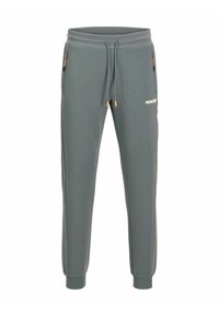Graue Jogginghosen aus weichem Stoff, mit einem Kordelzugbund, seitlichen Reißverschlusstaschen und gerippten Bündchen. Enthält ein Logodetail.