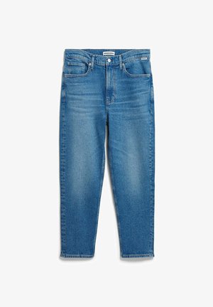 Blauwe denim jeans met een taille op middenhoogte, rechte pijpen, ontwerp met vijf zakken en subtiele veroudering. Voorzien van een metalen knoop en rits als sluiting.