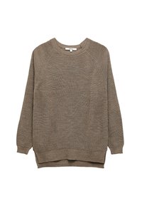 Brązowy sweter dzianinowy o rypsowym wzorze, okrągłym dekolcie, rękawach raglanowych i bocznych rozcięciach. Posiada luźny krój i miękki materiał.