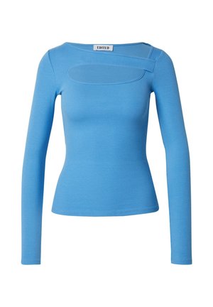 Geribbelde, langelijfs top in helderblauw met een unieke ovale uitsnijding op de borst. Beschikt over een getailleerde silhouet en een ronde halslijn.