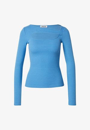 Geribbelde, langelijfs top in helderblauw met een unieke ovale uitsnijding op de borst. Beschikt over een getailleerde silhouet en een ronde halslijn.