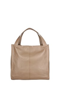 Beige leren draagtas met een zacht, textuurachtig oppervlak, voorzien van twee stevige handvatten en een minimalistisch ontwerp. Strakke lijnen en geen zichtbaar beslag.