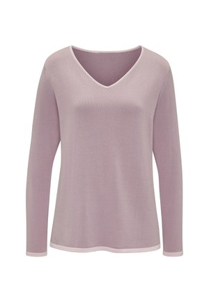 Long-sleeve, light mauve V-neck sweater with a soft texture and subtle trim at the cuffs and hem.