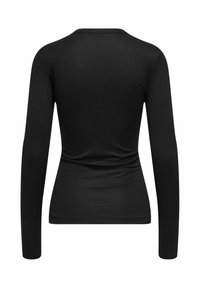 Haut noir à manches longues en tissu côtelé. Design ajusté avec un col rond et une texture douce. Pas d'ornements ni de motifs visibles.