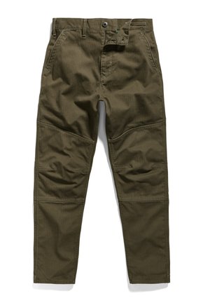 Olivgrüne Cargo-Hosen aus robustem Stoff, mit geradem Schnitt, Fronttaschen und verstärkten Knietafeln. Strukturiert mit Nähten.