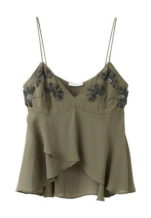 Oliwkowa zielona bluzka bez rękawów z cienkimi ramiączkami, kwiatowym haftem z koralików na piersi oraz warstwowym, asymetrycznym dołem.