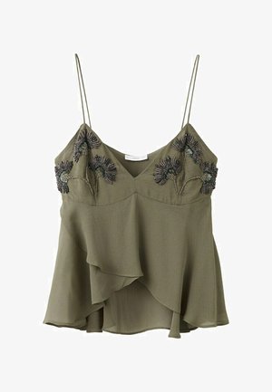 Olijfgroene mouwloze blouse met dunne bandjes, geborduurd met bloemen van kralen op de borst en een gelaagde asymmetrische zoom.
