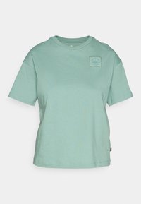 Světle zelené bavlněné tričko s krátkými rukávy a kulatým výstřihem. Malá nášivka s logem v levém horním rohu. Hladká textura.