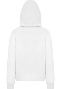 Hvid hoodie med snoretræk i hætten, ribbede manchetter og kant. Har en glat tekstur og ingen synlige logoer eller mønstre på bagsiden.