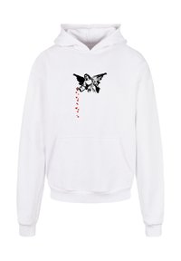 Hoodie bianco con una grafica di un angelo in nero, che rilascia cuori rossi. Realizzato in tessuto morbido con tasca frontale e cappuccio con cordino.