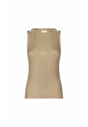 Top in cotone a costine beige con scollatura a barca e fori per le spalle. Realizzato in un tessuto texture che riflette la luce. Design pulito senza decorazioni.