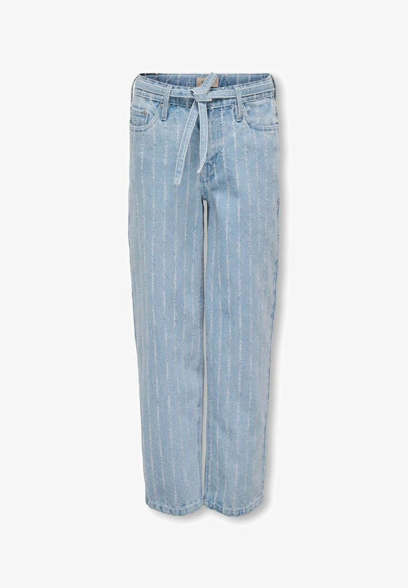 Šviesiai mėlyni džinsiniai keliai su vertikaliomis baltomis juostelėmis, tiesaus kirpimo, su nuimamu diržu. Turi penkis kišenes ir nupjautą apatinį kraštą.