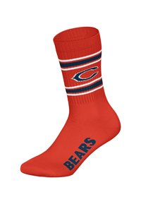 Červené ponožky s žebrovaným lemem, vodorovnými námořnickými a bílými pruhy a slovem "BEARS" tučně napsaným námořnickým písmem na straně.