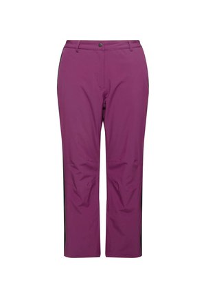 Pantalones exteriores morados con una textura lisa, que presentan un cierre de botón, bolsillos laterales y detalles en negro a lo largo de los lados.