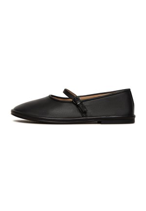 Ballet flats en cuir noir avec un bout arrondi, une fine bride sur le cou-de-pied et une texture lisse. Talon bas et design minimaliste.